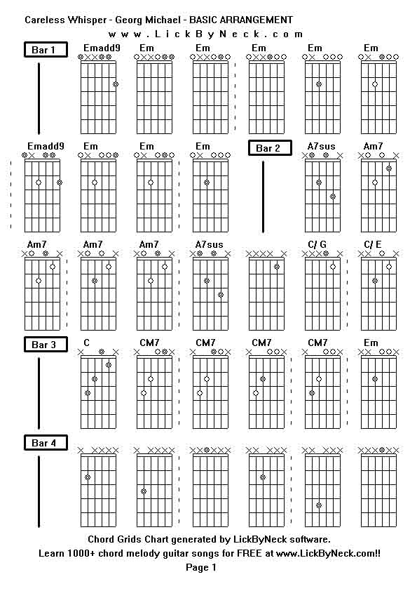 Chord Grids Chart of chord melody fingerstyle guitar song-Careless Whisper - Georg Michael - BASIC ARRANGEMENT,generated by LickByNeck software.